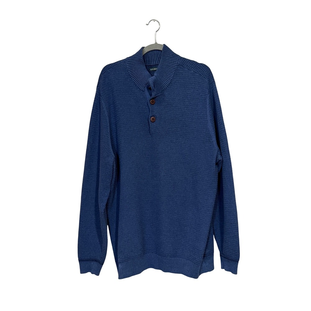 GH Bass Mens XL Blue Waffle Knit Cotton Sweater Nautical Minimal Classic